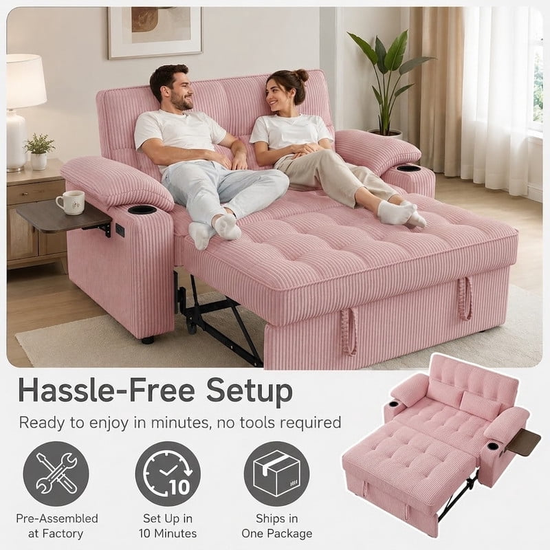 58" Sleeper Sofa Bed, Full Size Pull Out Couch, Convertible Loveseat Sofa with 5-Level Adjustable Backrest, USB Charging Ports, Cup Holders & Foldable Side Table, for Living Room, Apartment & Office