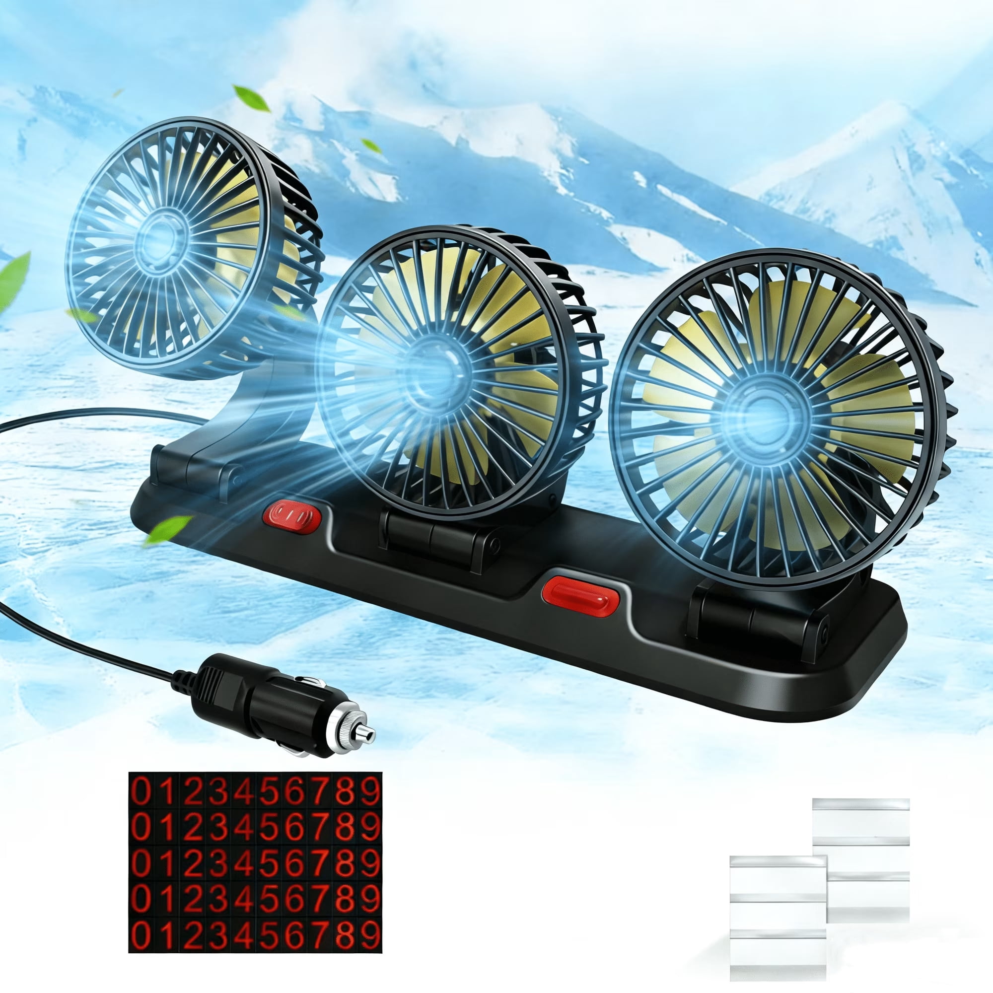 Portable Car Cooling Fan with 3-Head - 12V Electric Air Cooling Fan,Cigarette Lighter Plug,Silent Electric Fan 360° Rotation with 2 Wind Speed Phone Number Display for Car Truck SUV RV Marine Boat