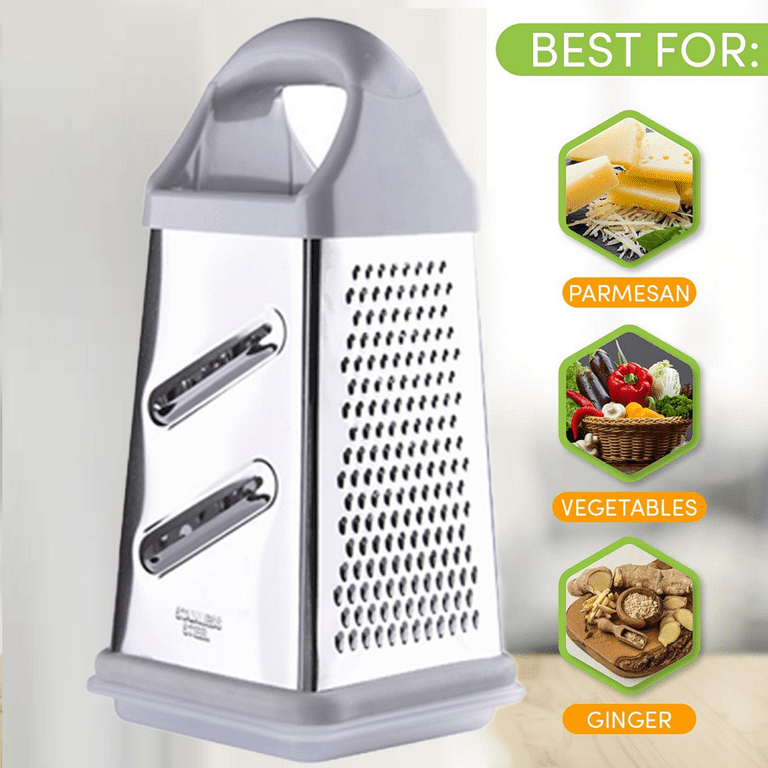 Box Cheese Grater, Stainless Steel with 4 Sides, Best for Parmesan Cheese, Vegetables, Ginger, Gray