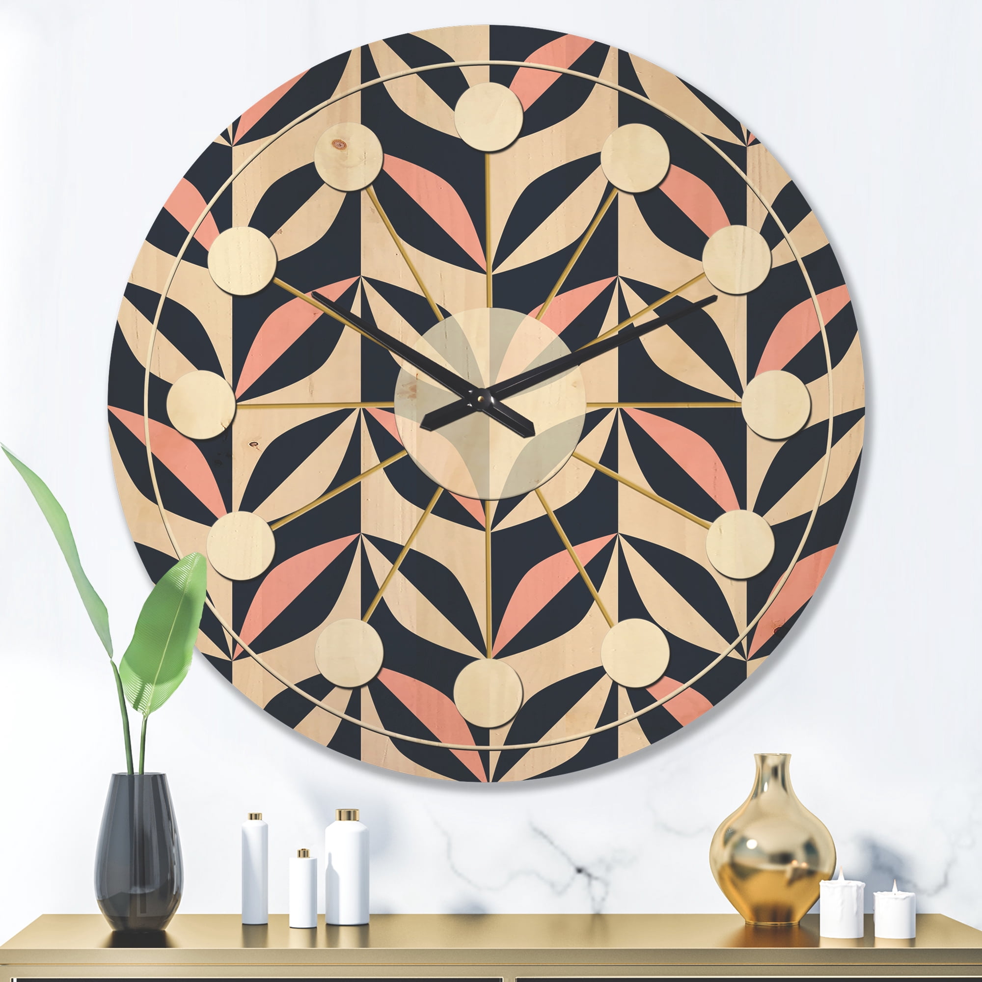 Designart 'Botanical Floral Retro Pattern III' Mid-Century Modern Wood Wall Clock
