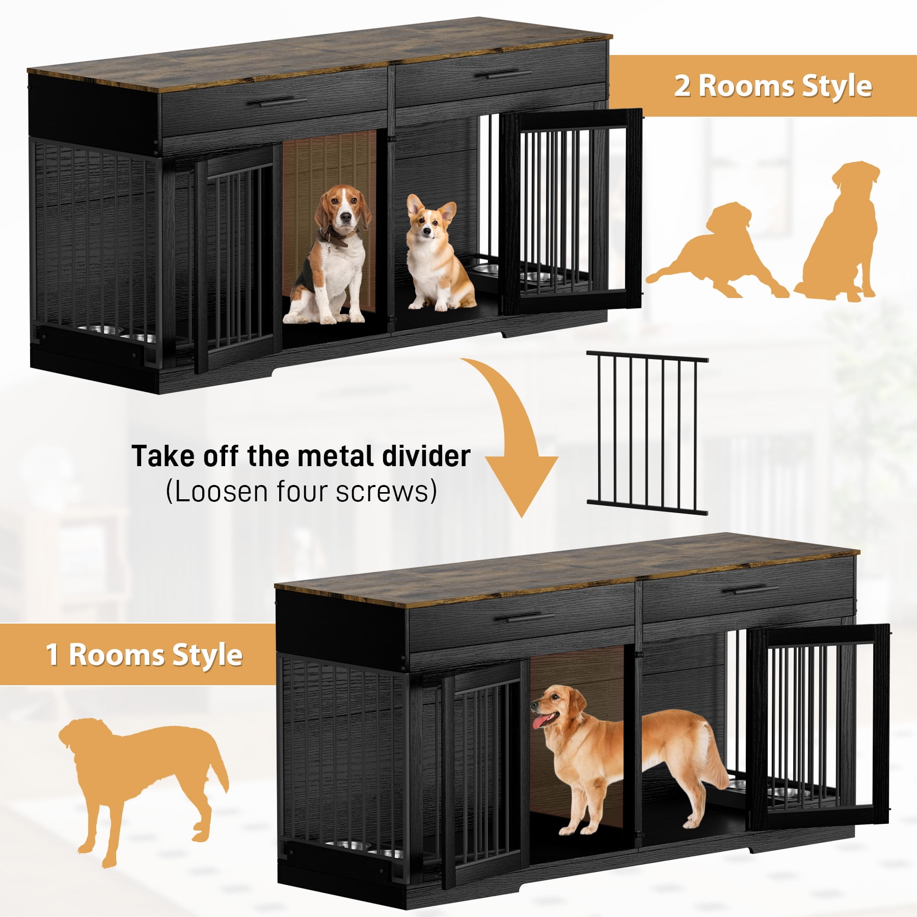 WIILAYOK 72.05" Dog Crate Furniture, Wooden Dog Kennel with 2 Drawers and 4 Dog Bowls, Heavy Duty Indoor Furniture Style Dog Cage House(Black Brown)