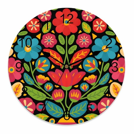 Silent Wall Clocks Battery Operated, Boho Floral Round Decorative Wall Clock for Living Room Bedroom Kitchen Bathroom Classroom Decor, 14 Inch Colorful Mexico Festival Tribal Print