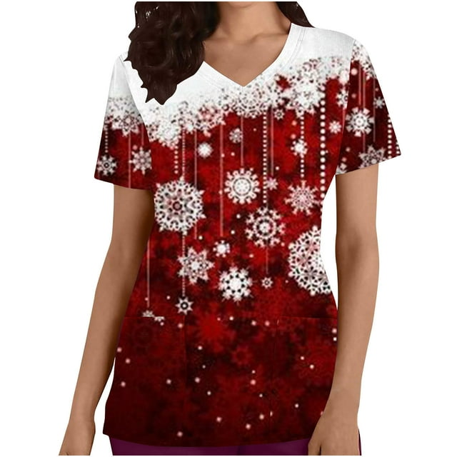 LSLJS Women Tops Short Sleeve V-neck Tops Working Uniform Print with Pocket Blouse, Christmas Scrub Tops
