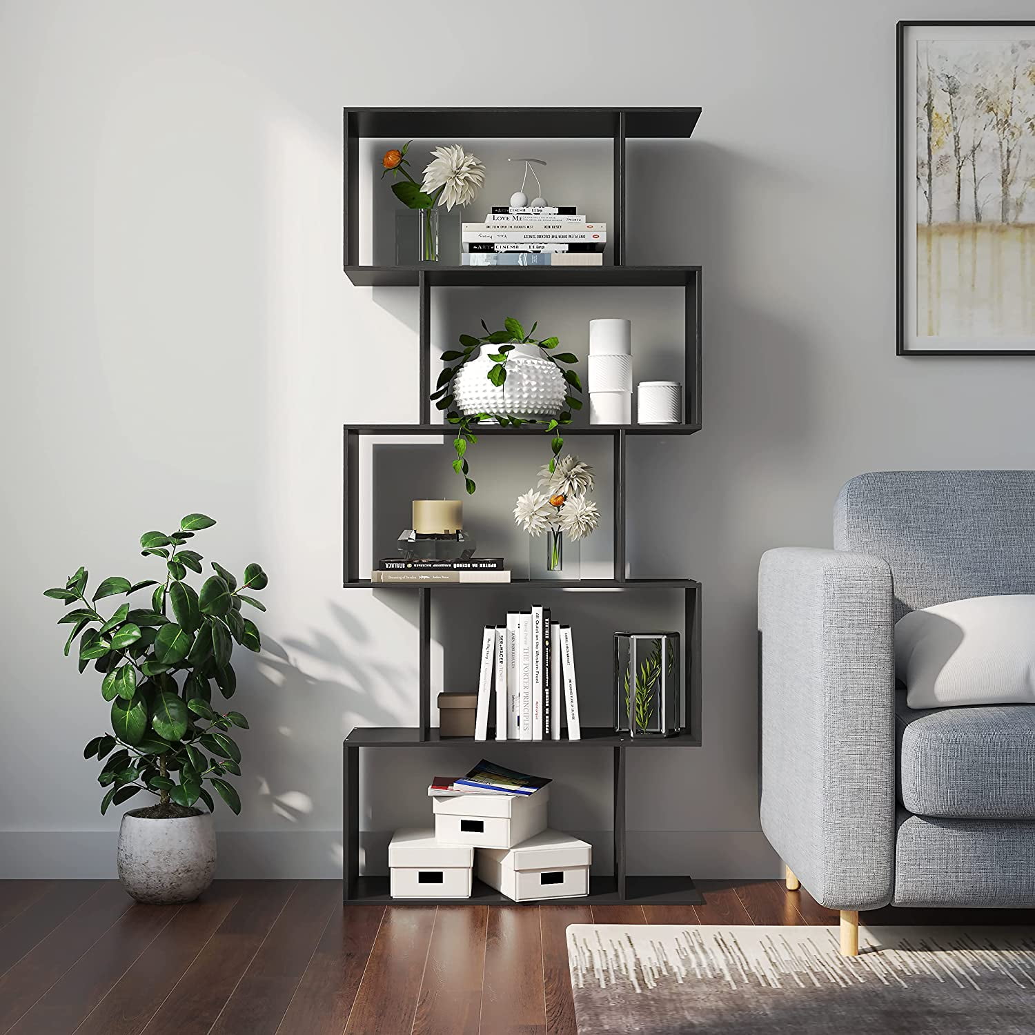 HOMEFORT Wood Geometric 5-Tier Modern Bookcase, Open Shelf and Room  Divider, Freestanding Display Storage Organizer, Decorative Shelving Unit  for Home Office and Living Room (Rustic Brown) 