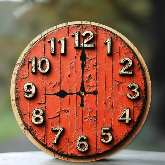 Rustic Red Wooden Wall Clock Farmhouse Decor 10-Inch Silent Wooden Wall Clock, Battery Operated (AA Batteries Not Included), Artistic Home Decor