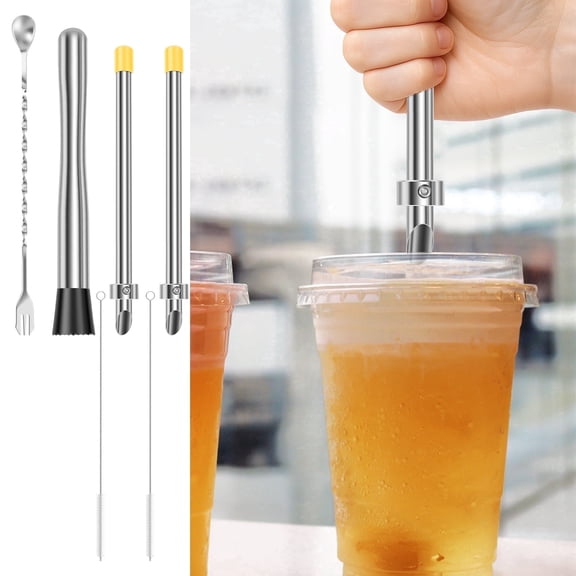Straw Hole Maker and Muddler Set, 6 Pcs 304 Stainless Steel Lemonade Stand Tools for Plastic Cup Lids and Boba Drinks