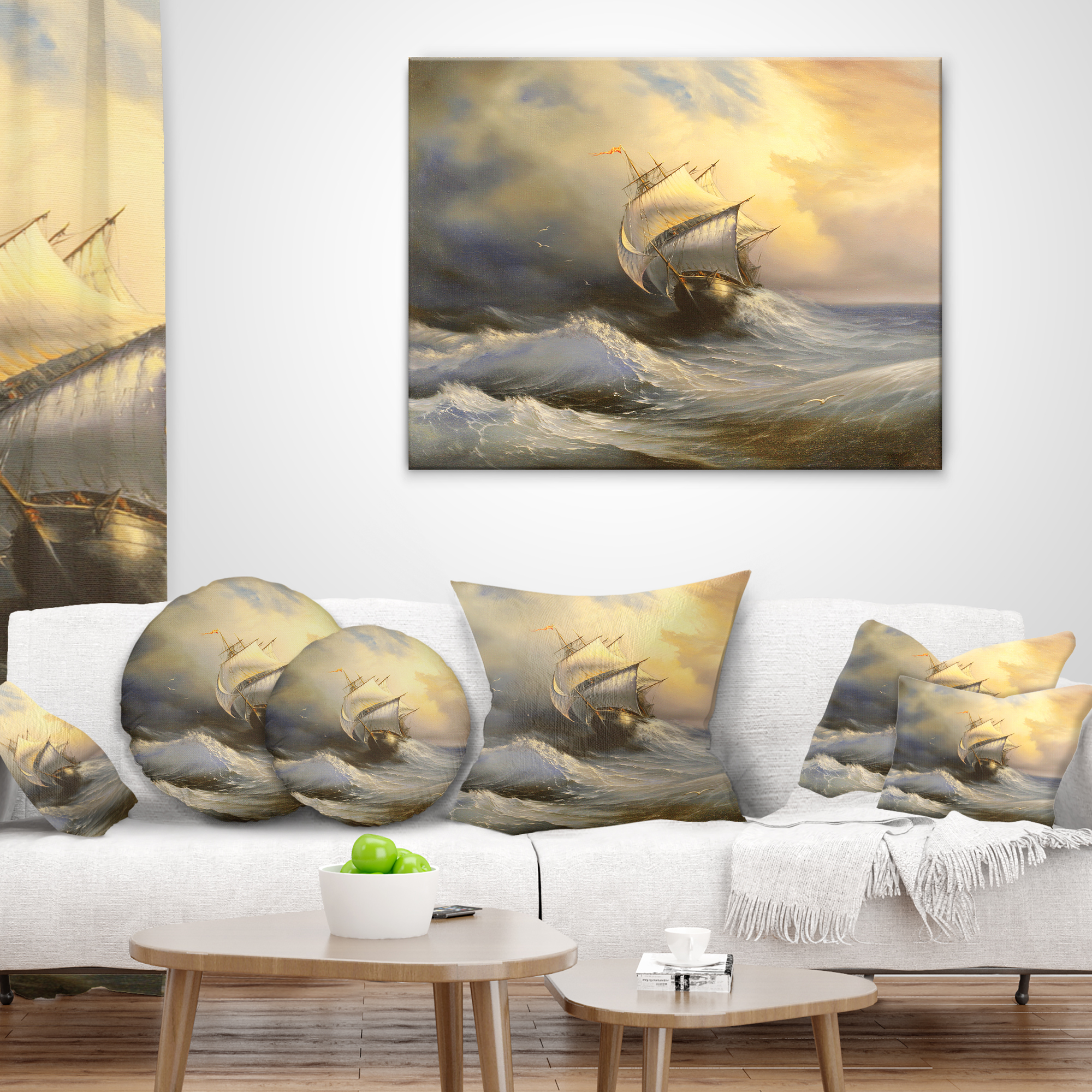 Designart Vessel in Stormy Sea - Seascape Throw Pillow - 12x20