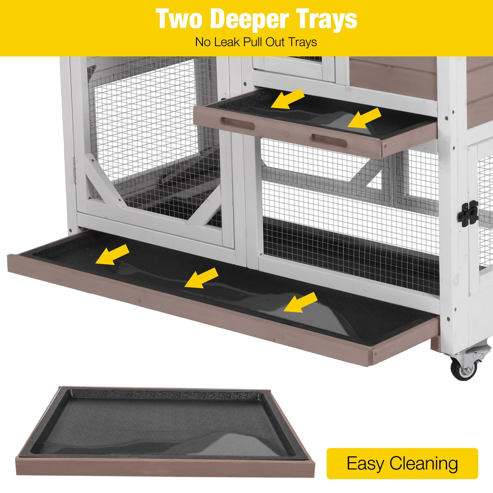 Aivituvin Rabbit Cage Indoor Outdoor Bunny Hutch on Wheels, 2 Story Wood Guinea Pig Cages with 2 Deeper Pull Out Trays