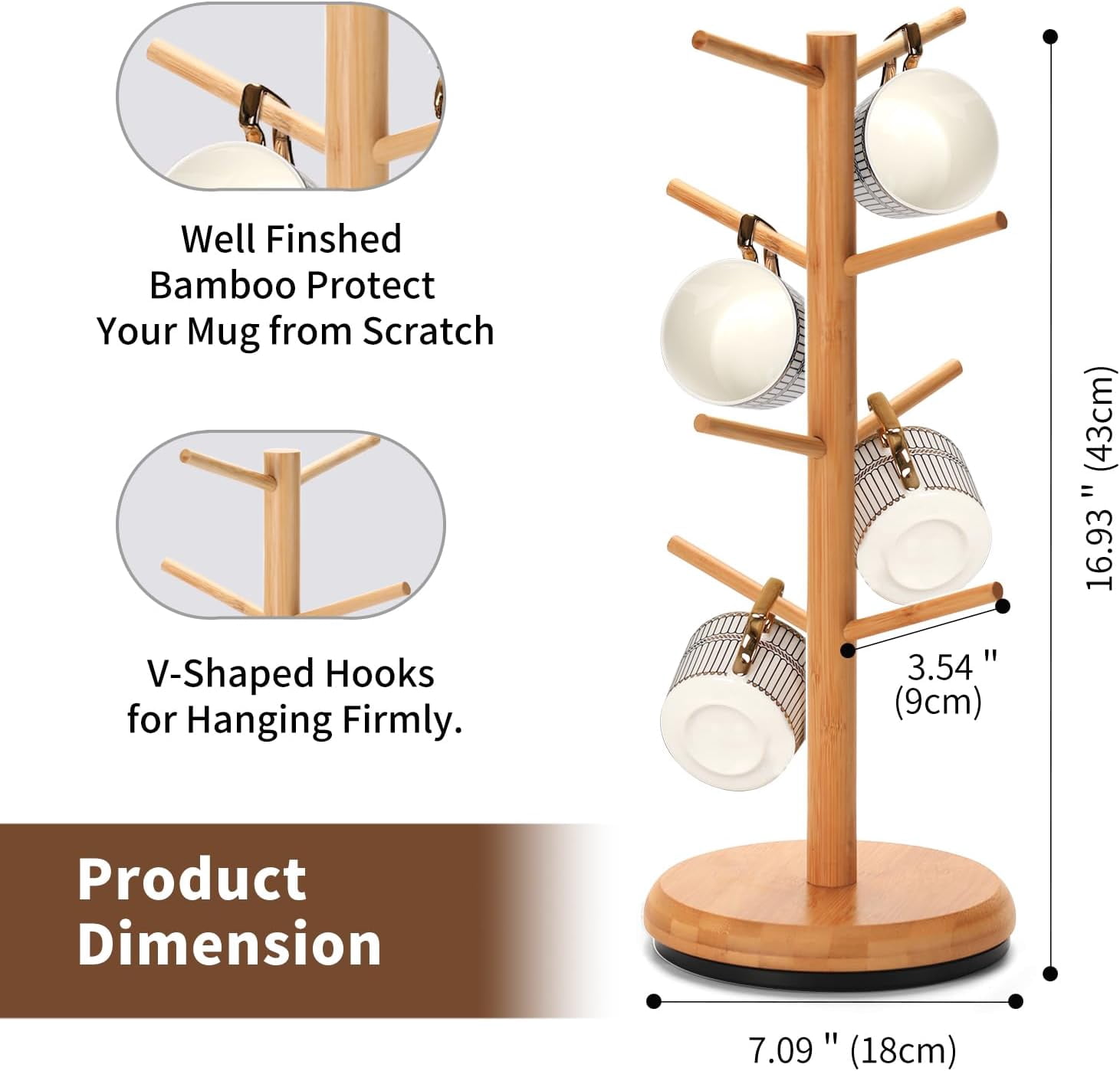 Bamboohomie Mug Holder for Counter Top, Mug Tree for Counter, Rotating Coffee Mug Tree Stand, Natural