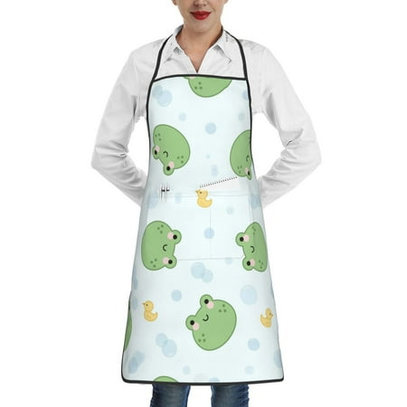 

Qekee Kawaii Frogs Print Adjustable Bib Apron Resistant with Pocket Cooking Kitchen Aprons for Women Men Server Chef Apron