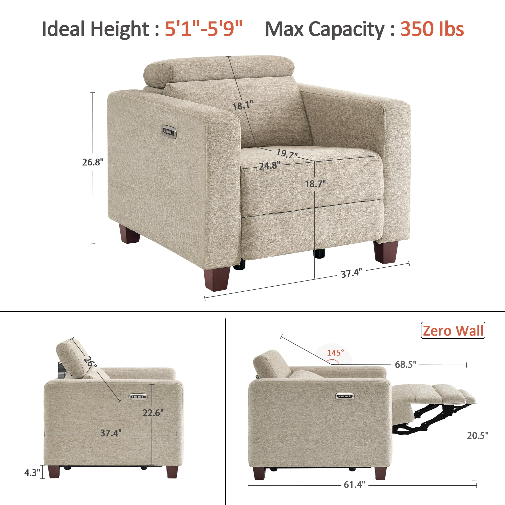 MCombo High Leg Power Recliner Chair with Adjustable Headrest and USB A/C Charge Ports for Living Room, Office, and Small Spaces (Fabric HL128, Beige)
