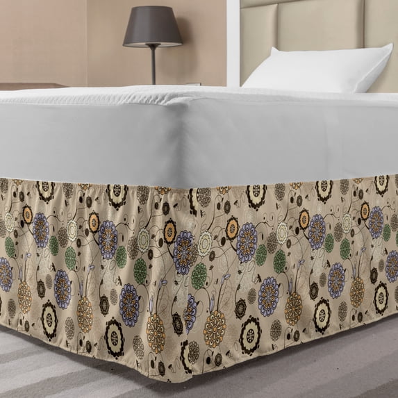 Floral Bed Skirt, Abstract Round Flower in Mandala Inspired Design Spring Leaves Dragonflies, Elastic Bedskirt Dust Ruffle Wrap Around for Bedding Decor, 4 Sizes, Multicolor, by Ambesonne