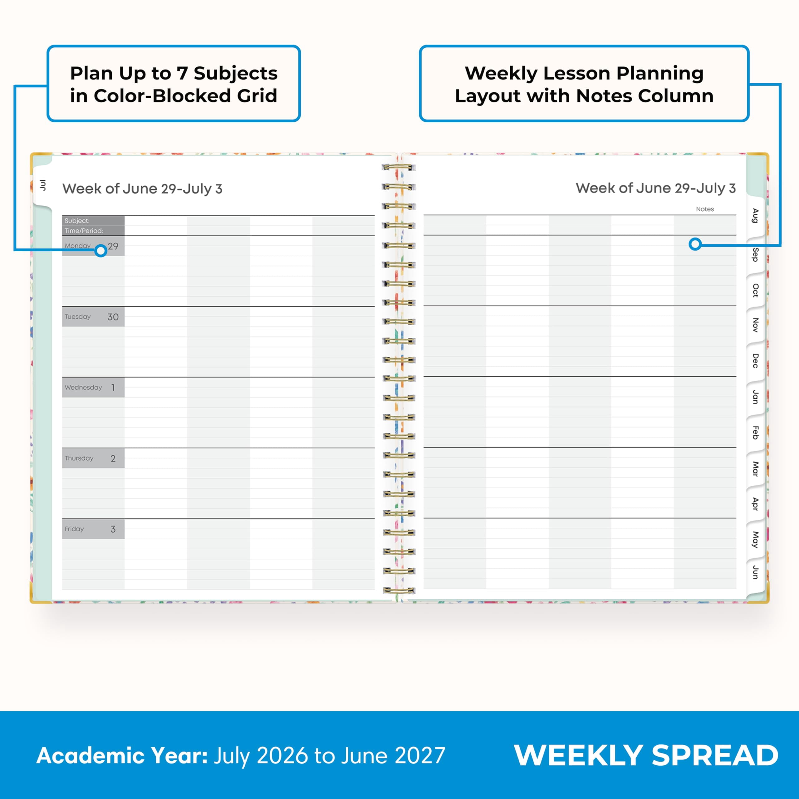Blue Sky 2026-2027 Weekly and Monthly Academic Year Teacher Lesson Planner Calendar With Clipboard, July 2026 - June 2027, 8.5" x 11", Hard Cover, Wirebound, Laminated Tabs, Miah