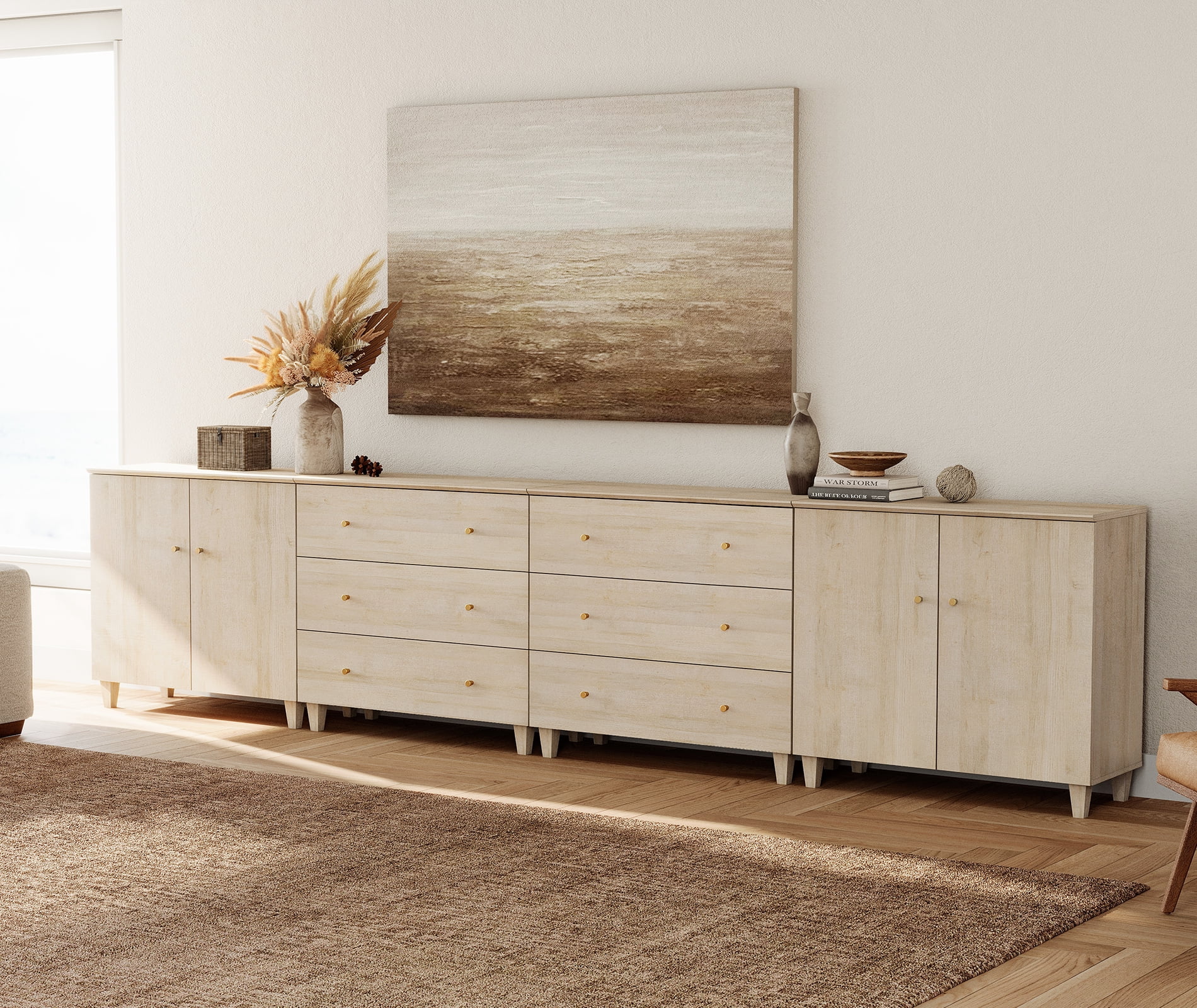 WAMPAT Extra Long Modern TV Stand for 120+ Inches TVs, 3-in-1 Large Wooden Media Console with 6 Spacious Drawers and 2 Storage Cabinets for Living Room, Light Oak