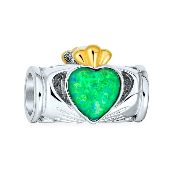 Green Created Opal Couples BFF Heart Crown Irish Claddagh Charm Bead for Women for Teen Two Tone .925 Sterling Silver Fits European Bracelet