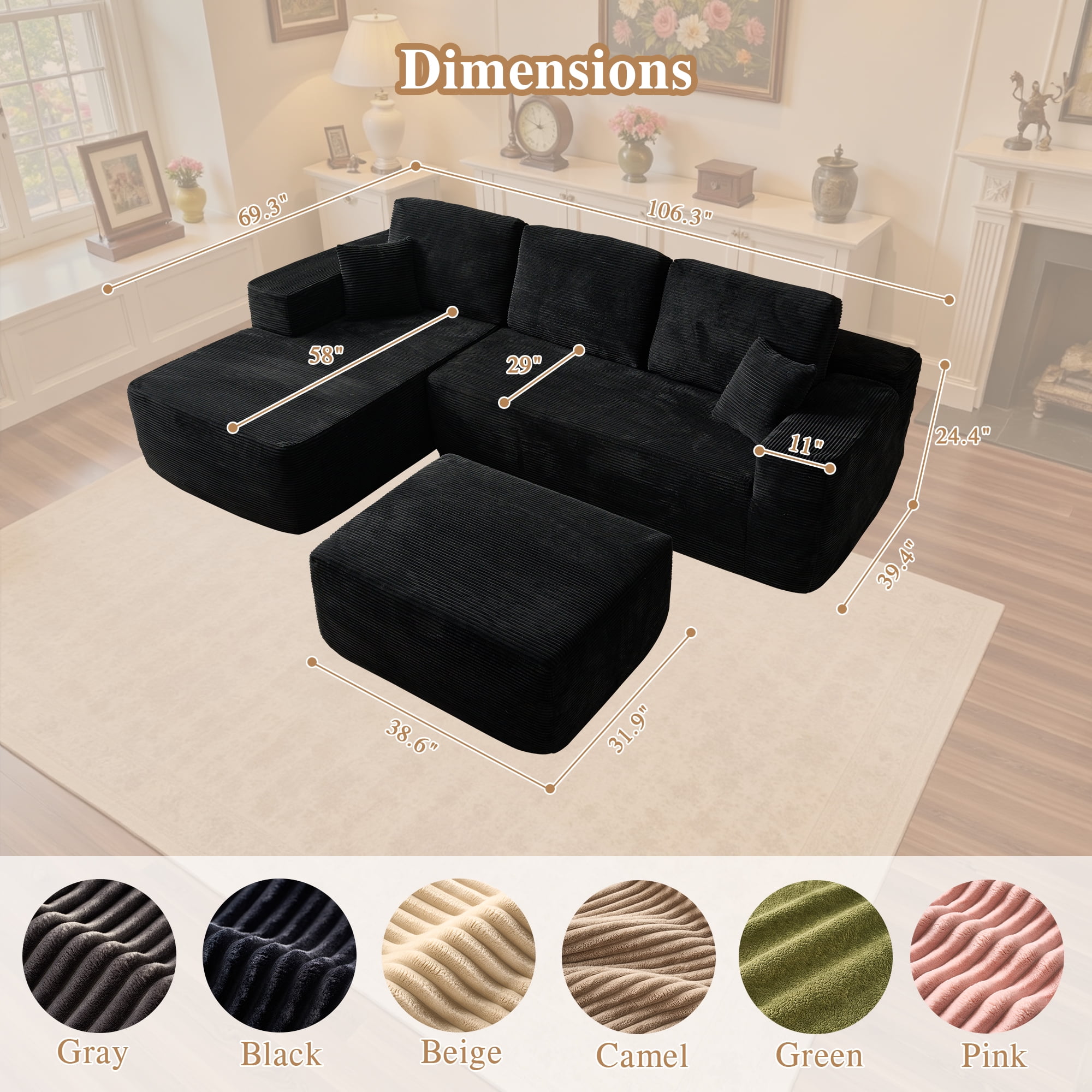 Ovios 106" Cloud Sofa Couch No Assembly Boneless Deep Seat Sofa with Ottoman for Living Room, Black (Corduroy)
