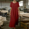 thumbnail image 4 of FRSASU Robe en Coton et Lin Femme à Manches Courtes Col Rond Robe Maxi Bohème Décontractée Été Modeste Longue Fluide Plage Vacances Robes Rouge P(S), 4 of 5