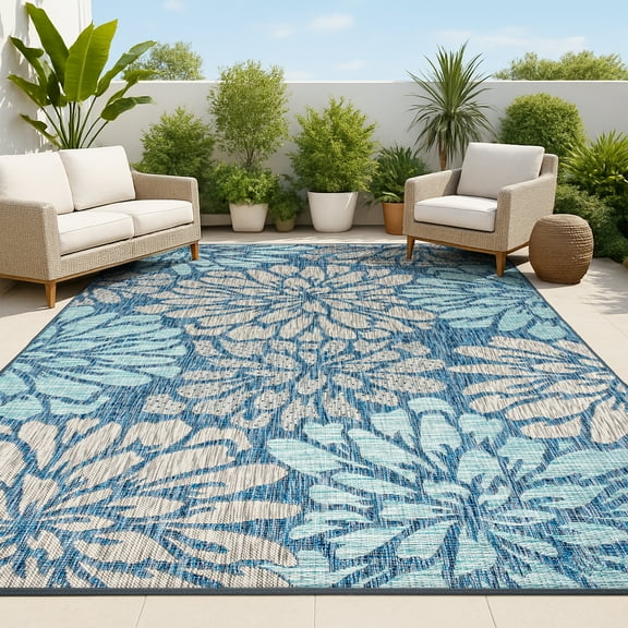 JONATHAN Y SANTA MONICA 3 x 5 Area Rug, Zinnia Floral Textured Weave - Navy/Aqua, SMB110C-3