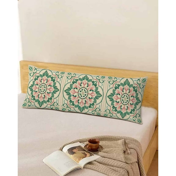 Green Pink Floral Throw Pillow Cover, Abstract Bohemian Lines Printed Rectangle Decorative Pillow Case Protector Soft Cushion Cover Lumbar Pillowcase for Couch Sofa Bedroom Car Chair Decor 20x54 Inch