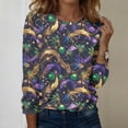 thumbnail image 2 of Mardi Gras Shirts Womens Feathers Print Long 3/4 Sleeve Holiday Tunic Tops Crew Neck Mask Print Green T Shirts Light Purple 4XL, 2 of 6