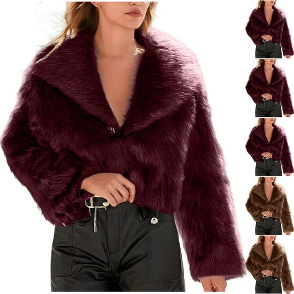 QATAINLAV Womens Winter Coats Fluffy Cropped Faux Fur Long Sleeve Lapel Jacket Solid Casual Open Front Cardigans, Wine, XS