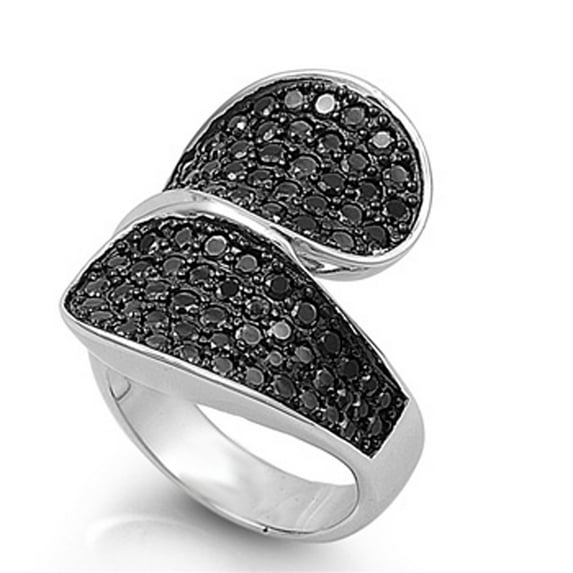 Dark Prong Black CZ Large Wide Wave Loop Ring Sterling Silver Band 925 Jewelry Female Size 6