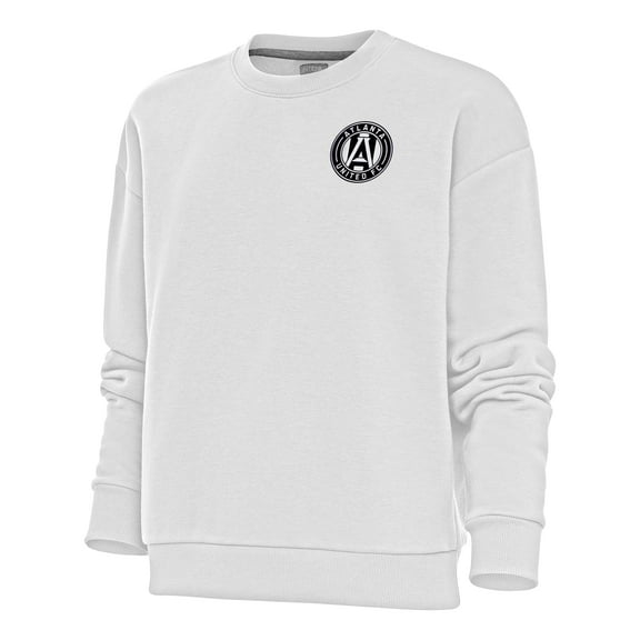 Women's Antigua White Atlanta United FC Brushed Metallic Logo Victory Crewneck Pullover Sweatshirt