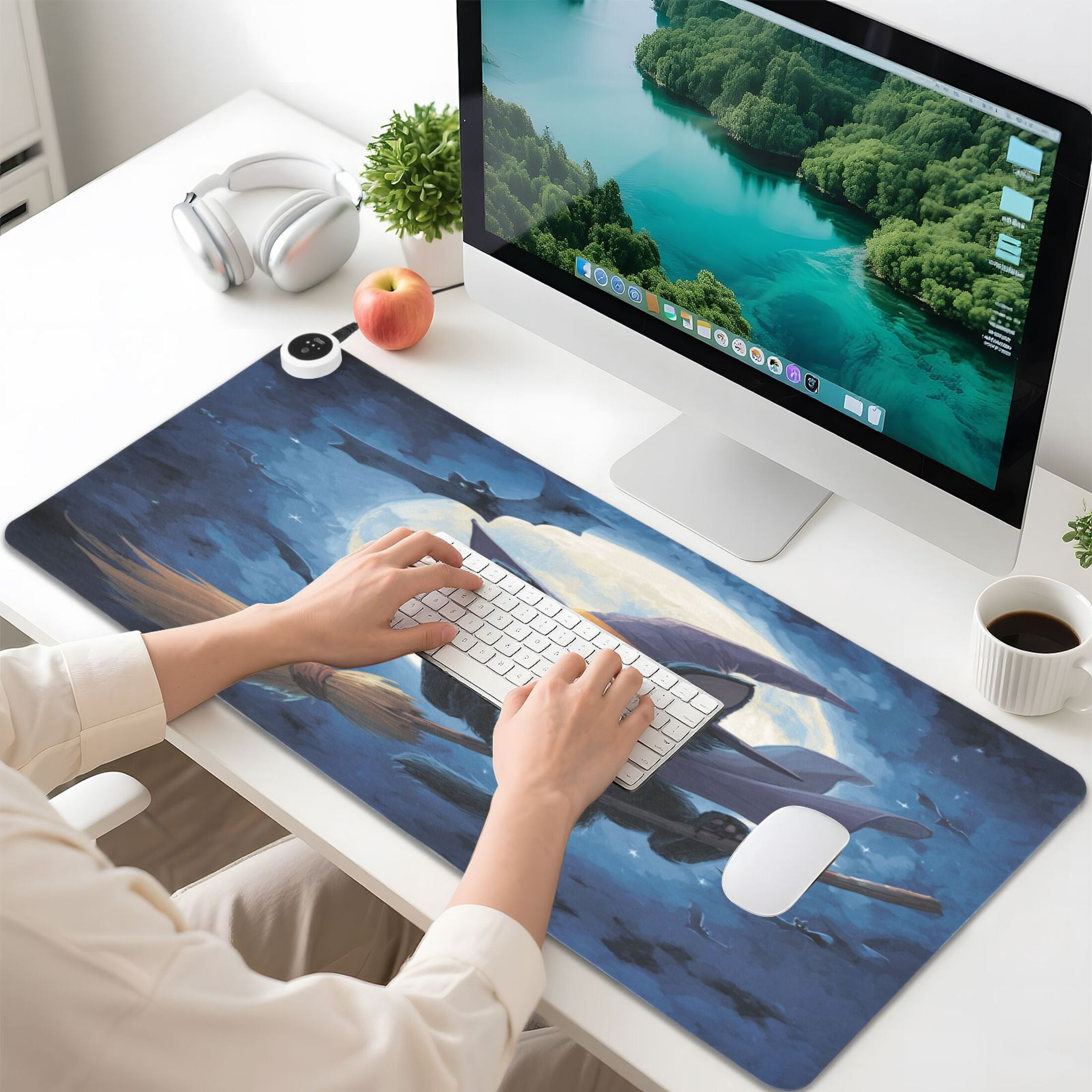 Large Heated Desk Mat Mouse Pad 31.5"x13"PU Leather Graphene Heating Desk Warmer with 3 Temperature Settings 110V US Plug Non-Slip Warm Pad for Home, Office, and Gaming Halloween Cape Black Cat