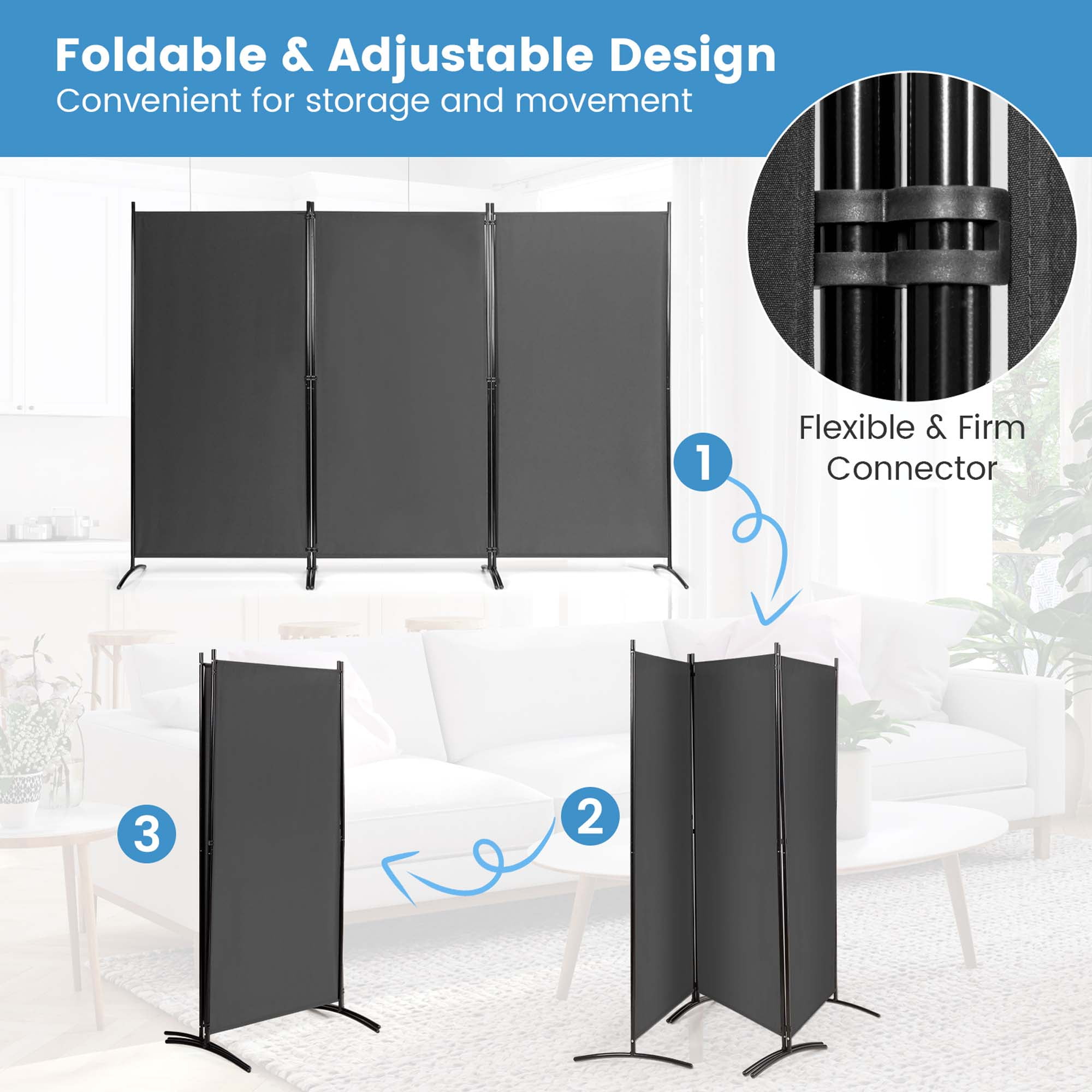 Costway 3-Panel Room Divider Folding Privacy Partition Screen for Office Room Grey