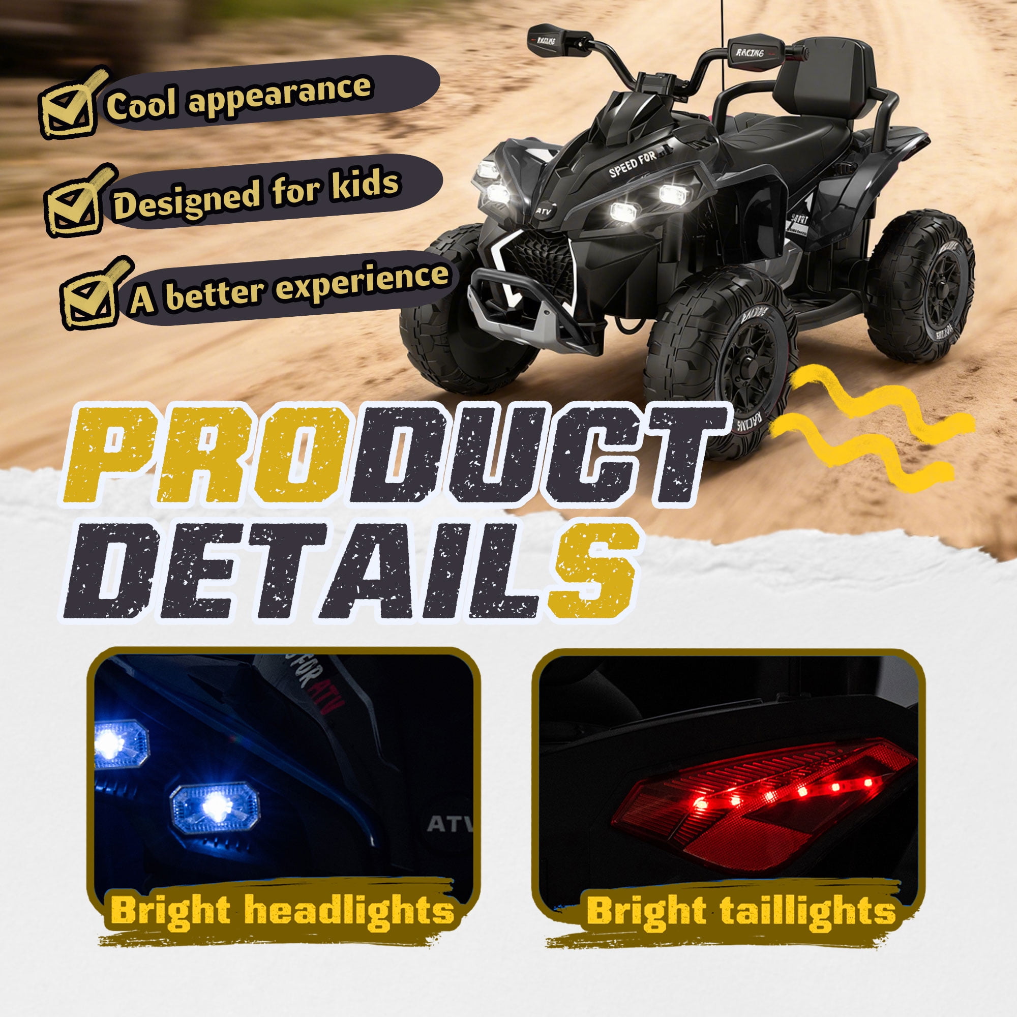SaveJoy 24V Kids Electric XXXL ATV with Parent Remote Control, 4-Wheel Shock Absorber, Bluetooth Music & English, Black