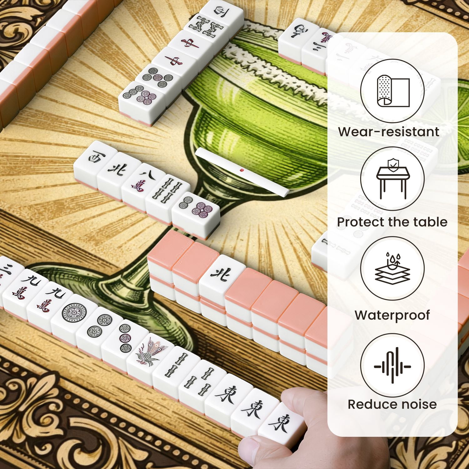 Mahjong Mat 31.5" x 31.5" Green Margarita Cocktail Lime Slice Salted Rim Vintage Style Non-Slip Noise Reduction Mahjong Tiles Table Cover for Dominoes Poker Card Board and Tile Games