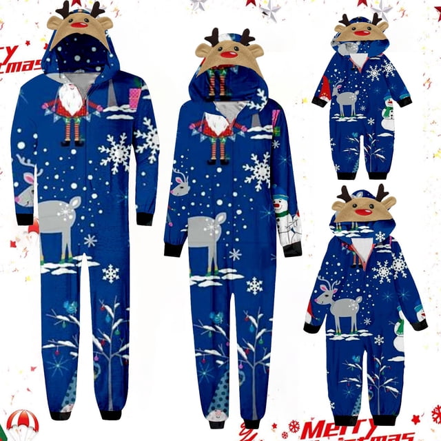 Pyjamas de Noël avec Capuche Décorative, Tenues Familiales Assorties Durables pour un Style Familial Cohésif (Bleu)