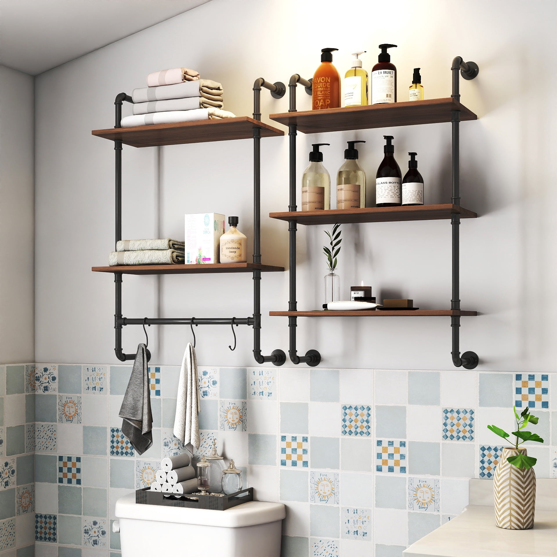 Mintazer Industrial Pipe Wall Shelves, Farmhouse 2-Tier & 3-Tier Floating Shelves with Hooks for Bedroom Kitchen, Walnut Brown