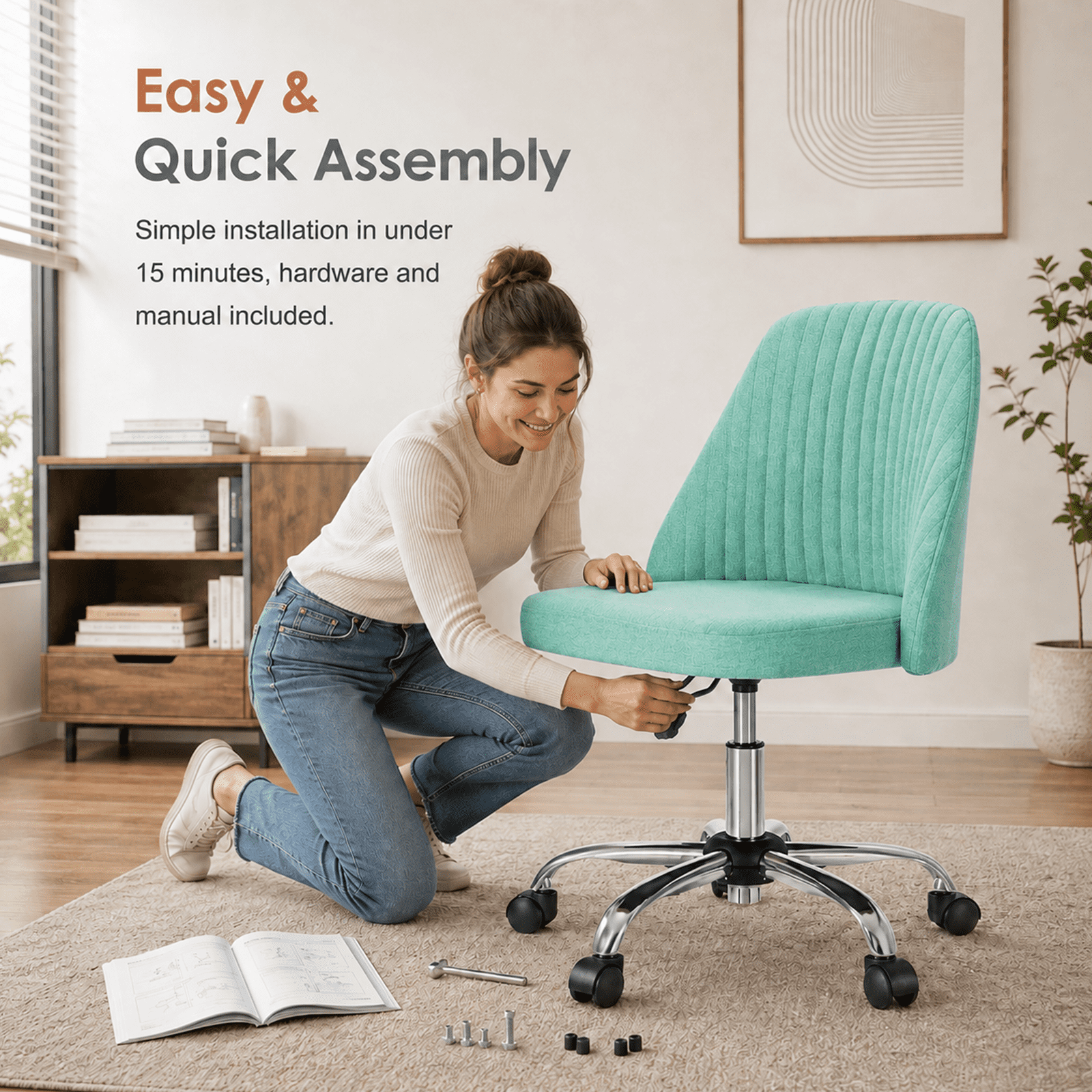 Alvantor Comfy Office Chair, Adjustable Swivel Desk Chair with Wheels, Wide Seating, Modern Fabric Vanity Chair