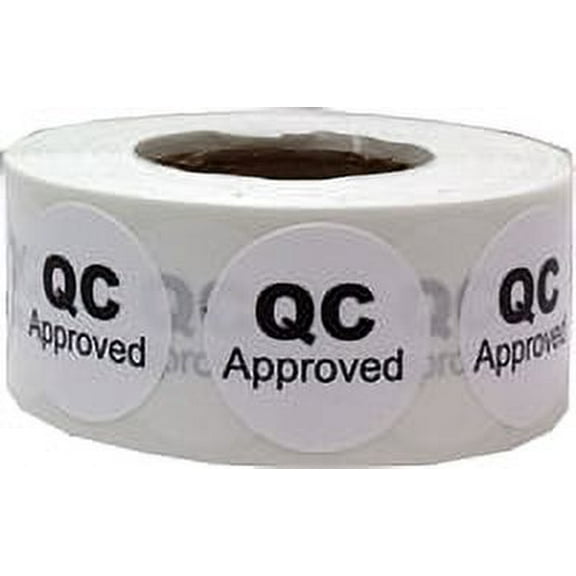 White Circle with Black QC Approved Dot Stickers, 3/4 Inch Round, 500 Labels on a Roll