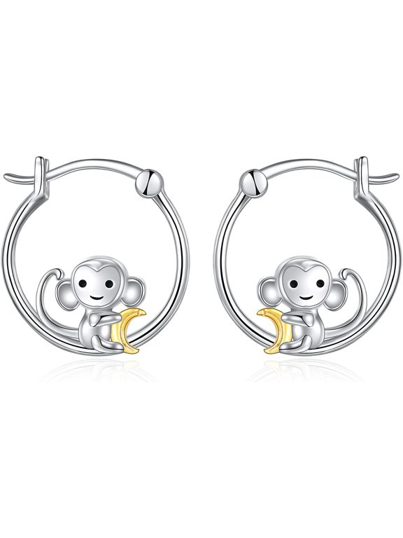 Monkey Earrings Sterling Silver Cute Banana Hoop Earrings Animal Jewelry Gifts for Women
