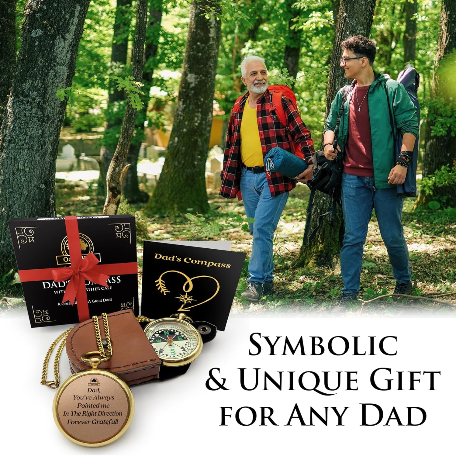 OakiWay Pocket Watch Compass with Chain & Leather Case - Birthday Gifts for Dad from Daughter & Son, Christmas Daddy Gift Ideas