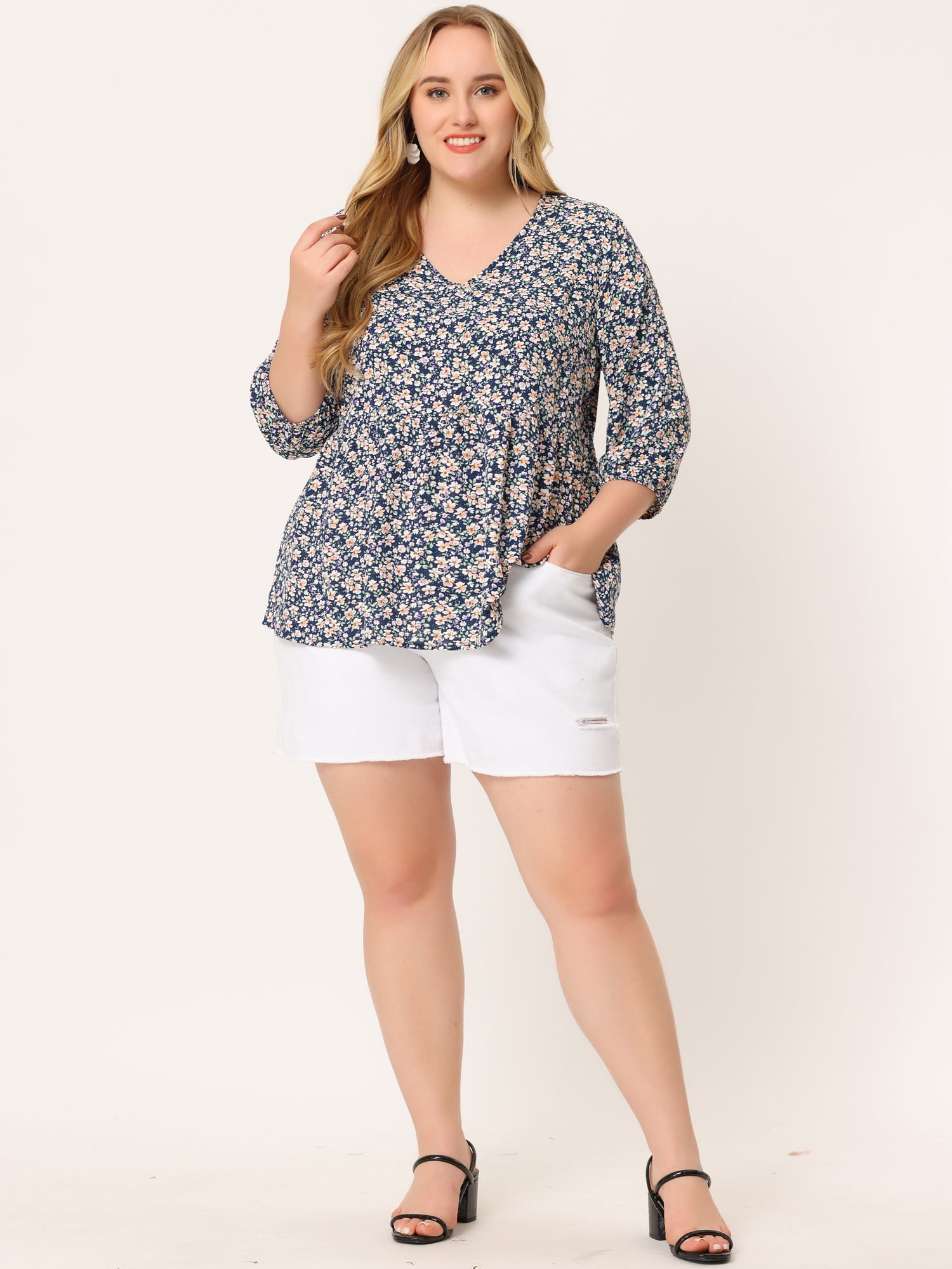 Unique Bargains Women's Plus Size V Neck Flowy 3/4 Sleeve Floral Blouse 3X Navy Blue
