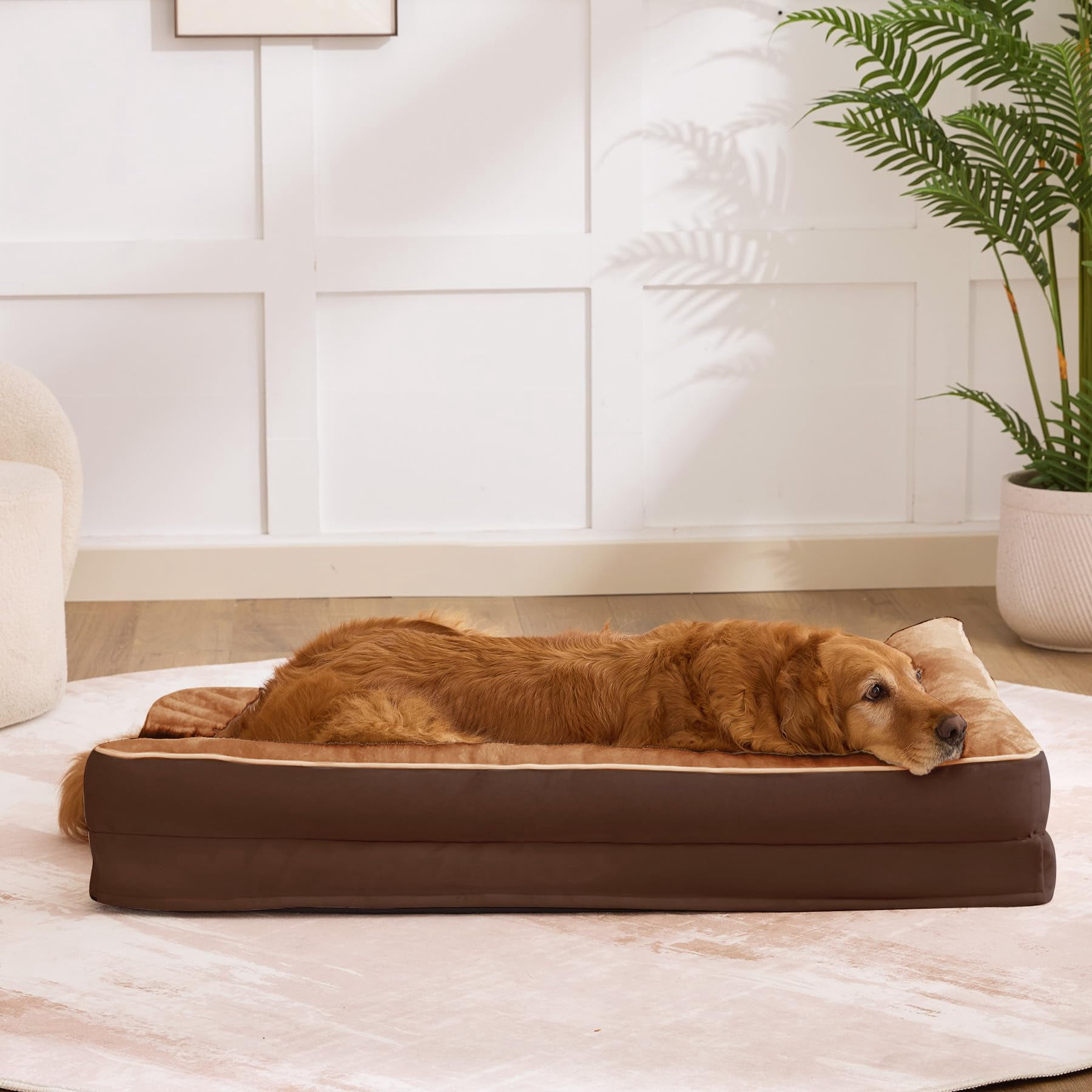 Dog Bed Large Sized Dogs  For Waterproof Pet With Washable Removable Cover L-shaped Couch Portable Handle 36"x27"x6.5" Brown