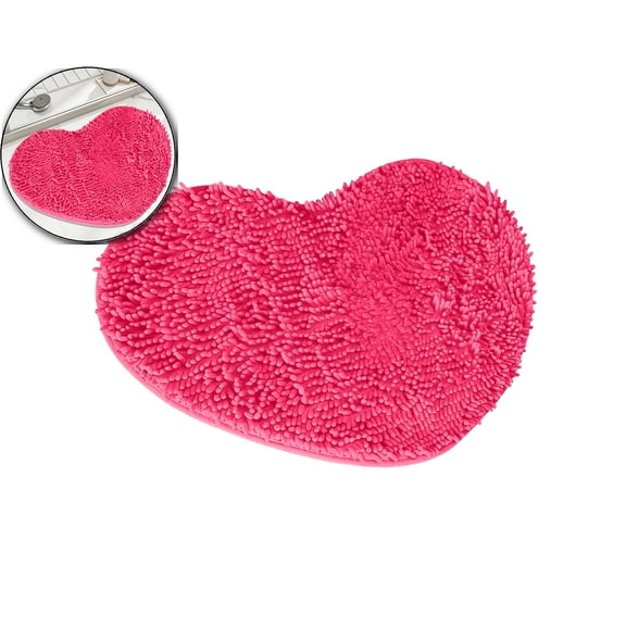 Small Heart Shaped Chenille Bath Mat Soft Absorbent Plush Microfiber Bathroom Rug Machine Washable Shaggy Mat Carpet for Shower, Bedroom, Bathtub