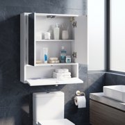 ALPULON Double Door Wall Mounted Bathroom Mirrored Cabinet with Push to Open Doors and Flip Down Compartment for Storage, White