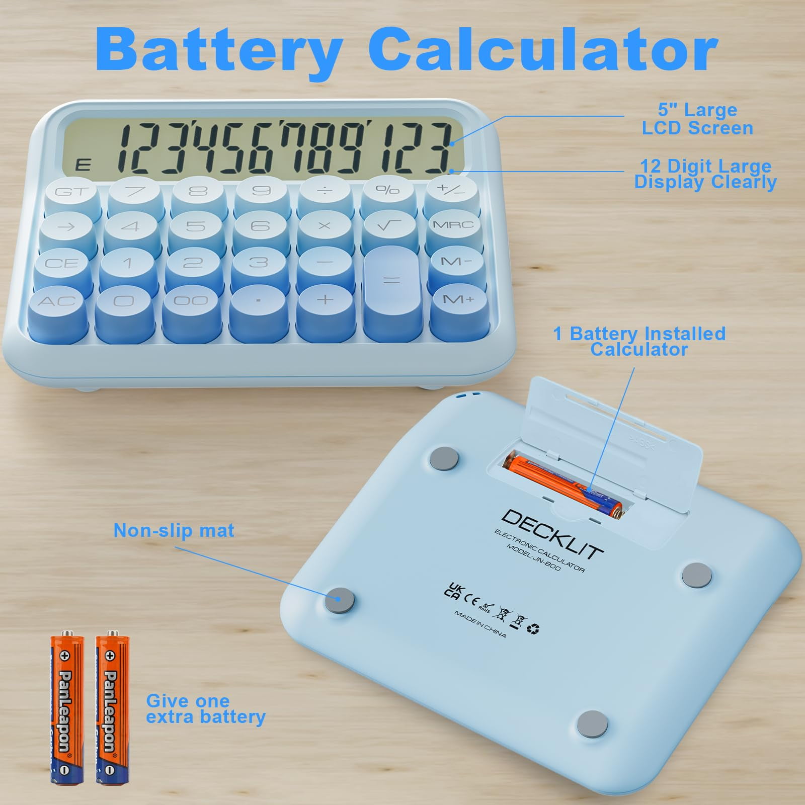 Mechanical Calculator 12 Digit Extra Large 5-Inch LCD Display, DECKLIT Battery Desk Calculator, Big Buttons Easy to Press Use as Office Calculators Desktop, 15°Tilt Screen for Kids Calculator(Rose)