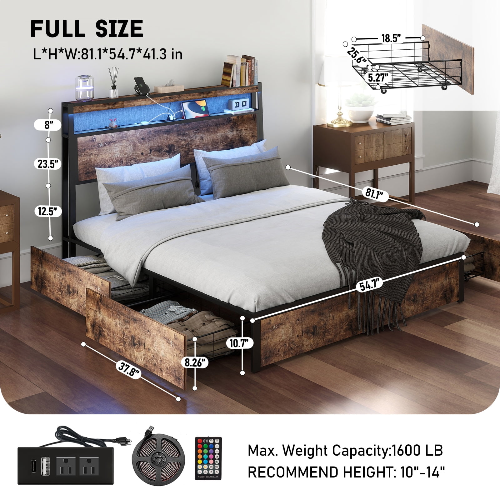 DRNANLIT Full Bed Frame with Storage Headboard and 4 Drawers, Metal Platform Bed Frame with LED Light, Charging Station, No Box Spring Needed, Easy Assembly, Vintage Brown