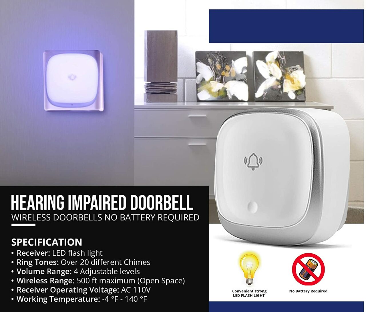 Hearing Impaired DOORBELL Flashing Light wireless Doorbell No Battery Hearing Impaired DOORBELL Flashing Light wireless Doorbell No Battery