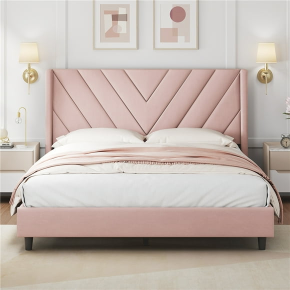 Yaheetech Upholstered Platform Bed Frame with Tufted Headboard, Queen, Pink