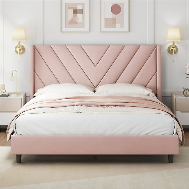 Yaheetech Cadre de Lit Plateforme Rembourré avec Tête de Lit Capitonnée, Grand Lit, Rose