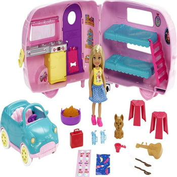 Barbie Club Chelsea Camper Playset, Blonde Small Doll, Puppy, Car & 10+ Accessories, Open for Campsite