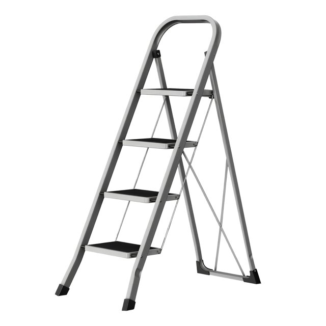 4-Tier Folding Step Stool, Safety Lock Ladder for Home, Space-Saving, Grey
