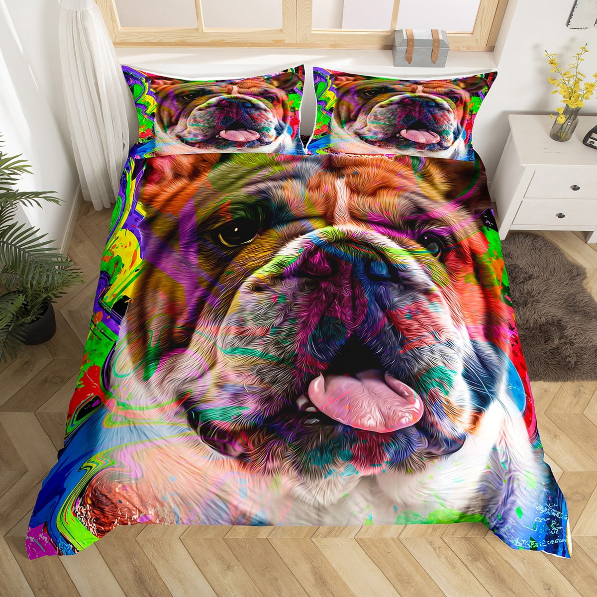 Bulldog Comforter Cover Rainbow Tie Dye Duvet Cover for Teens Women Dog