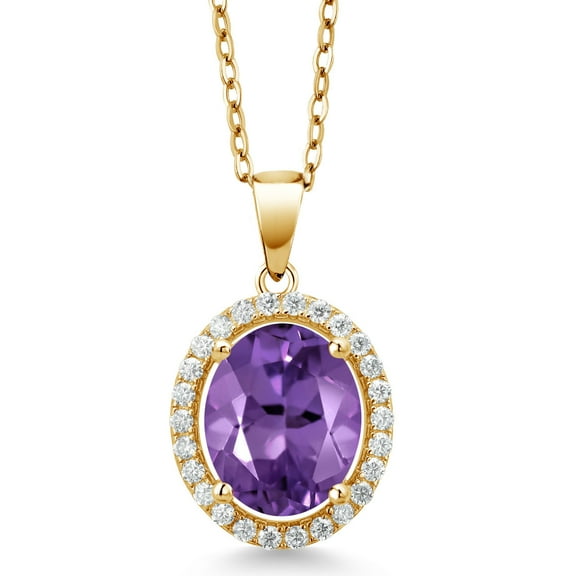 Gem Stone King 18K Yellow Gold Plated Silver Pendant with Chain Oval Purple Amethyst and Moissanite (3.52 Cttw)